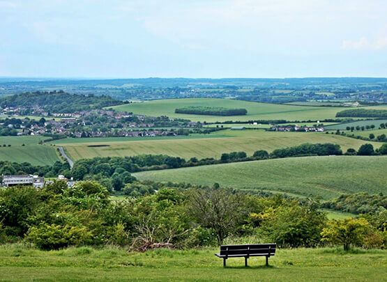 Park Bench Overlooking Fields and Countryside