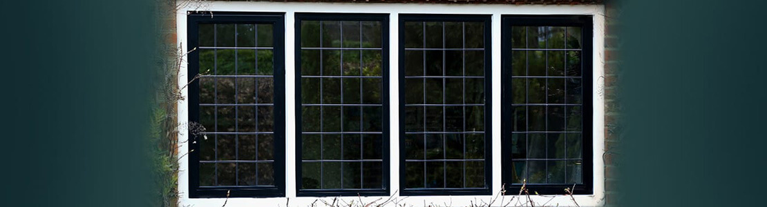 Four Windows with Black and White Frame on Green Background