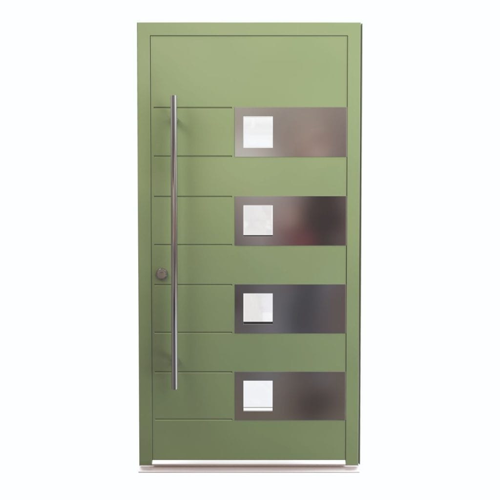 Green Front Door With Silver Window Detailing